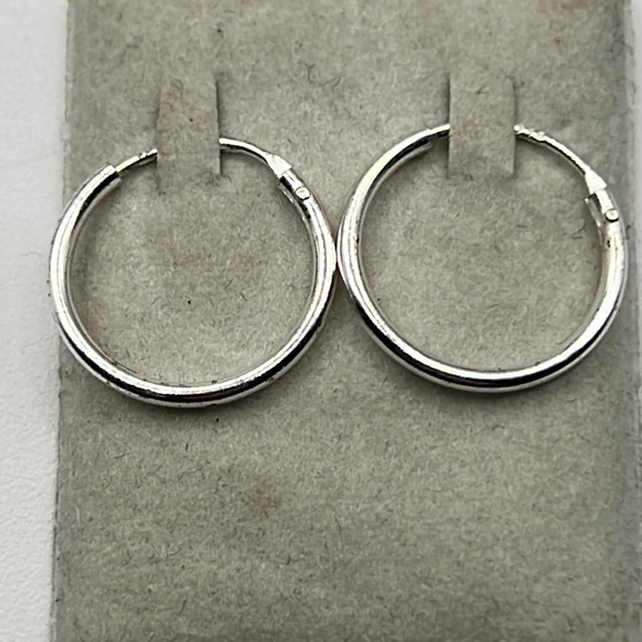 STERLING SILVER 14mm HOOP EARRINGS - Picture 2 of 3